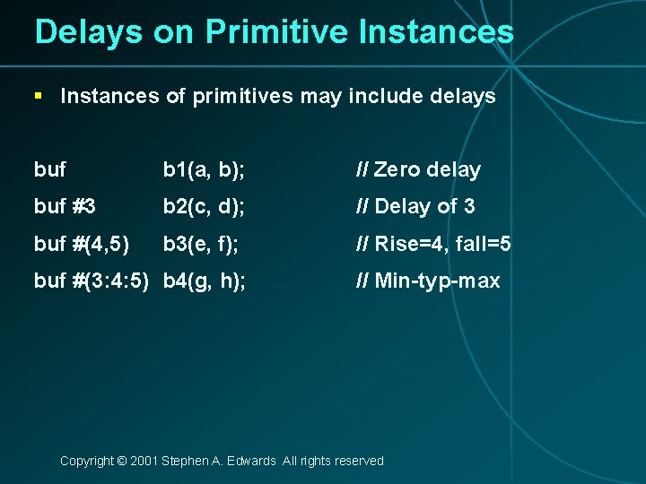 Delays on Primitive Instances § Instances of primitives may include delays buf b 1(a,