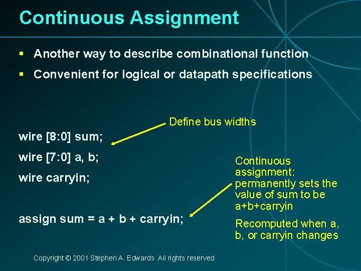 Continuous Assignment § Another way to describe combinational function § Convenient for logical or