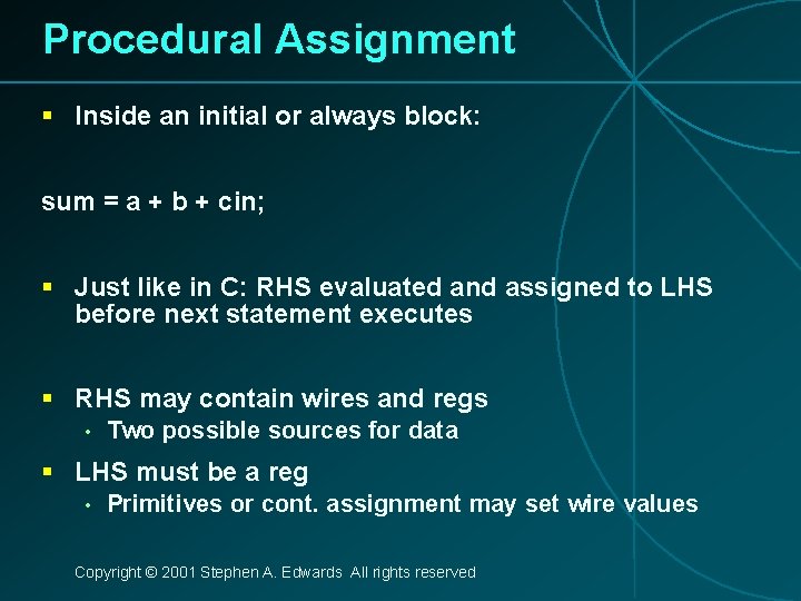 Procedural Assignment § Inside an initial or always block: sum = a + b