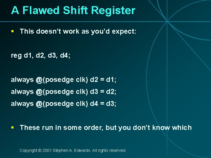 A Flawed Shift Register § This doesn’t work as you’d expect: reg d 1,