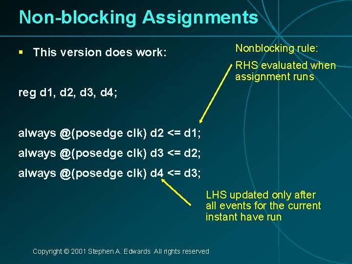 Non-blocking Assignments Nonblocking rule: § This version does work: RHS evaluated when assignment runs