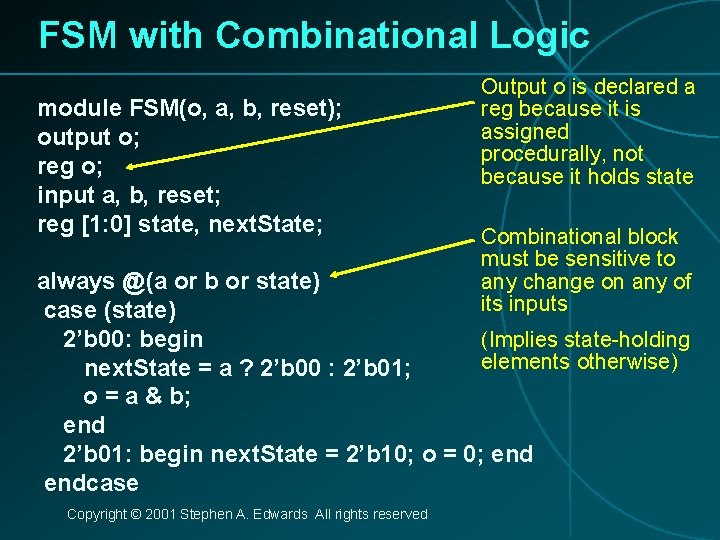 FSM with Combinational Logic module FSM(o, a, b, reset); output o; reg o; input