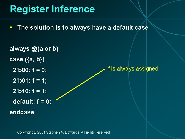 Register Inference § The solution is to always have a default case always @(a