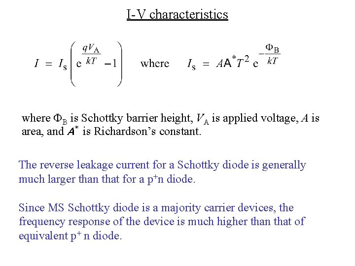 I-V characteristics where B is Schottky barrier height, VA is applied voltage, A is