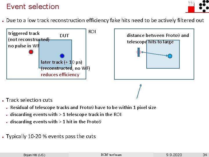 Event selection ● Due to a low track reconstruction efficiency fake hits need to
