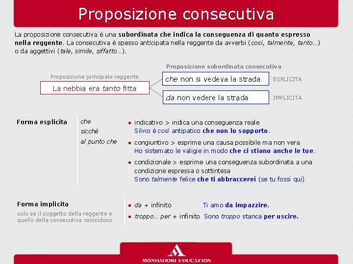 Proposizione consecutiva La proposizione consecutiva è una subordinata che indica la conseguenza di quanto