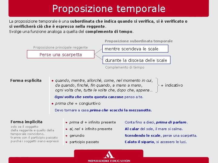 Proposizione temporale La proposizione temporale è una subordinata che indica quando si verifica, si