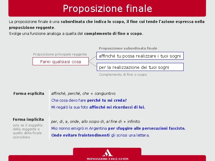 Proposizione finale La proposizione finale è una subordinata che indica lo scopo, il fine