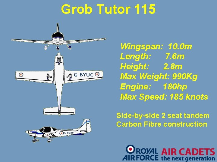 Grob Tutor 115 Wingspan: 10. 0 m Length: 7. 6 m Height: 2. 8