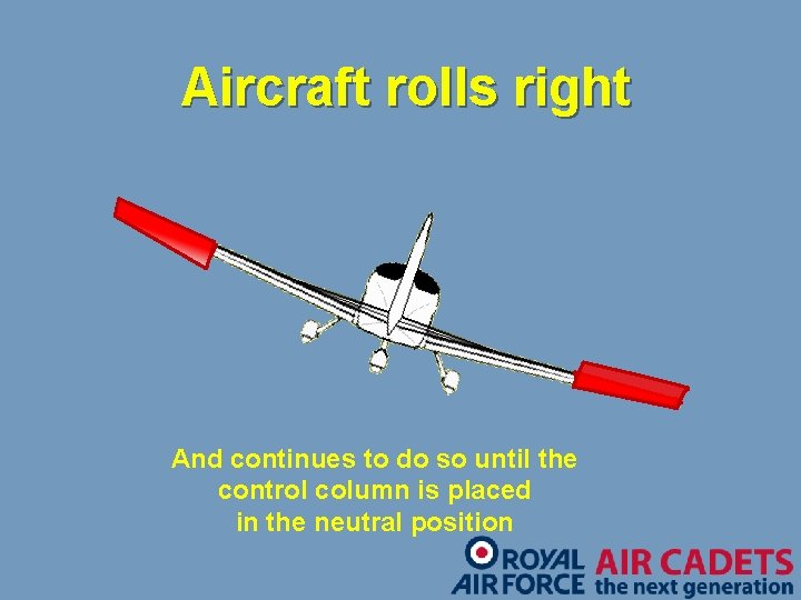 Aircraft rolls right And continues to do so until the control column is placed