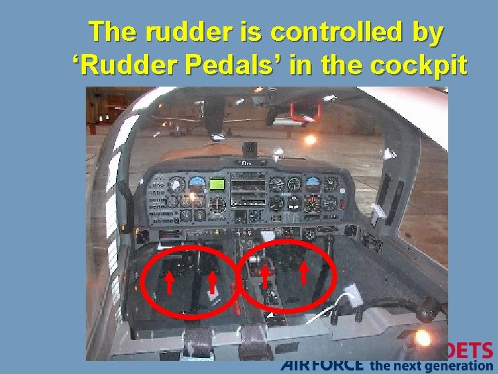 The rudder is controlled by ‘Rudder Pedals’ in the cockpit 