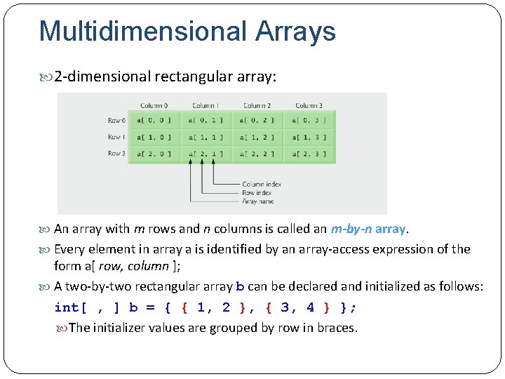 Multidimensional Arrays 2 dimensional rectangular array: An array with m rows and n columns