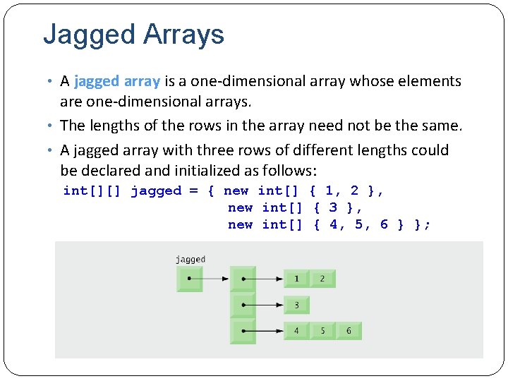 Jagged Arrays • A jagged array is a one dimensional array whose elements are