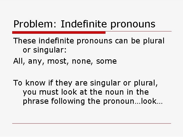 Problem: Indefinite pronouns These indefinite pronouns can be plural or singular: All, any, most,