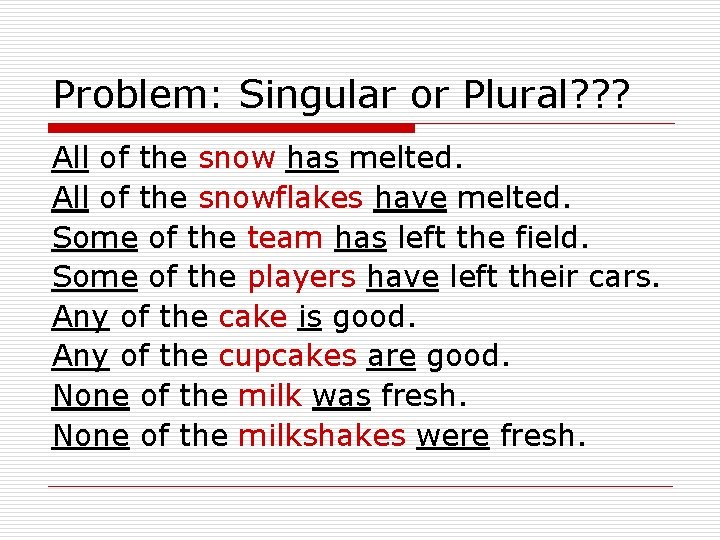 Problem: Singular or Plural? ? ? All of the snow has melted. All of
