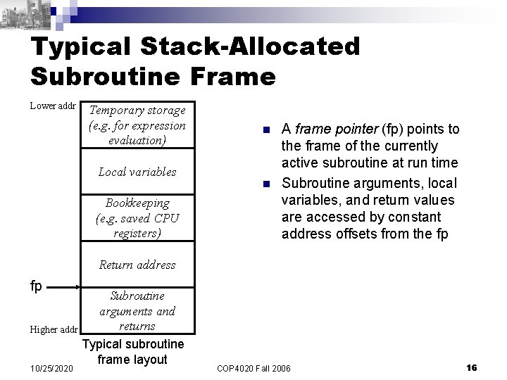 Typical Stack-Allocated Subroutine Frame Lower addr Temporary storage (e. g. for expression evaluation) Local