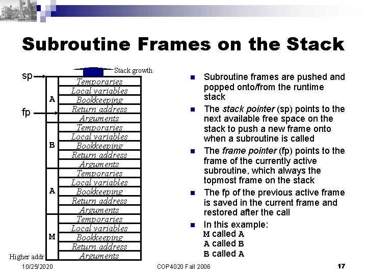 Subroutine Frames on the Stack growth sp A fp B A M Higher addr