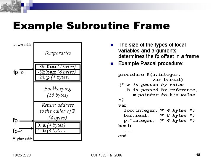 Example Subroutine Frame Lower addr n Temporaries fp-32 -36: foo (4 bytes) -32: bar