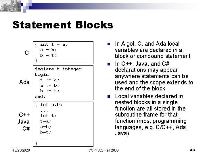 Statement Blocks C Ada C++ Java C# 10/25/2020 { int t = a; a