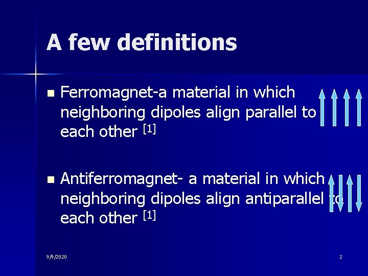 A few definitions n Ferromagnet-a material in which neighboring dipoles align parallel to each A few definitions n Ferromagnet-a material in which neighboring dipoles align parallel to each