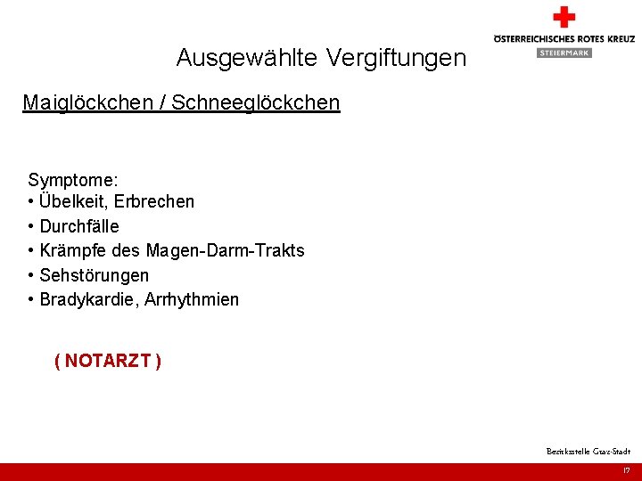 Ausgewählte Vergiftungen Maiglöckchen / Schneeglöckchen Symptome: • Übelkeit, Erbrechen • Durchfälle • Krämpfe des