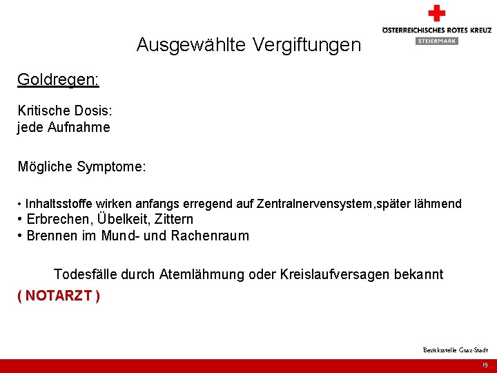 Ausgewählte Vergiftungen Goldregen: Kritische Dosis: jede Aufnahme Mögliche Symptome: • Inhaltsstoffe wirken anfangs erregend