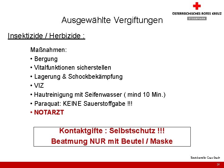 Ausgewählte Vergiftungen Insektizide / Herbizide : Maßnahmen: • Bergung • Vitalfunktionen sicherstellen • Lagerung