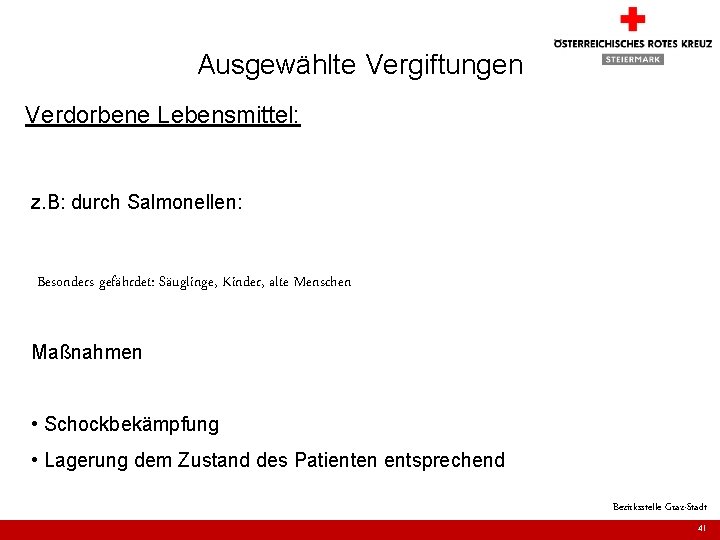 Ausgewählte Vergiftungen Verdorbene Lebensmittel: z. B: durch Salmonellen: Besonders gefährdet: Säuglinge, Kinder, alte Menschen