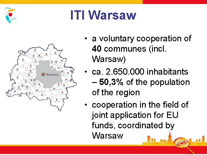 ITI Warsaw • a voluntary cooperation of 40 communes (incl. Warsaw) • ca. 2.