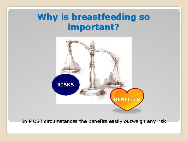 Why is breastfeeding so important? RISKS BENEFITS In MOST circumstances the benefits easily outweigh