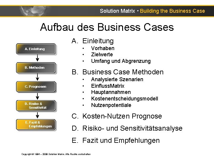 Solution Matrix ● Building the Business Case Aufbau des Business Cases A. Einleitung B.