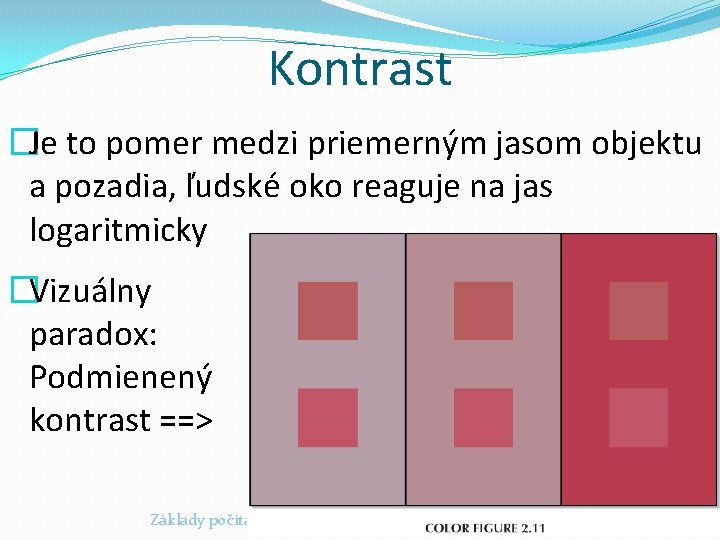 Kontrast �Je to pomer medzi priemerným jasom objektu a pozadia, ľudské oko reaguje na