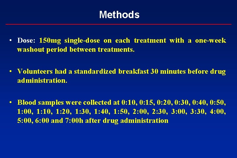 Methods • Dose: 150 mg single-dose on each treatment with a one-week washout period