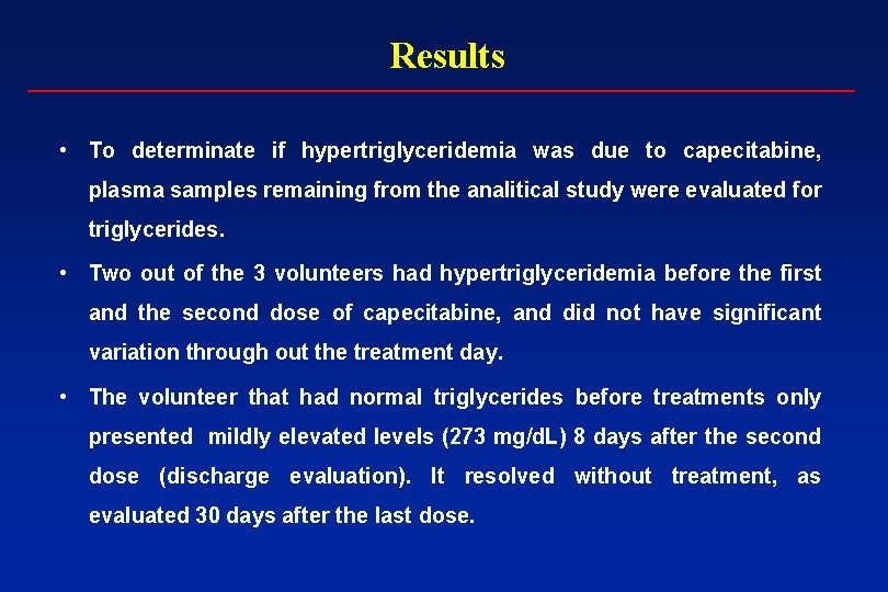 Results • To determinate if hypertriglyceridemia was due to capecitabine, plasma samples remaining from