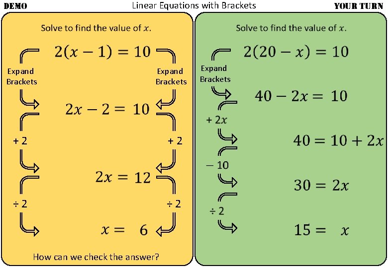 Linear Equations with Brackets DEMO YOUR TURN Expand Brackets + 2 ÷ 2 How