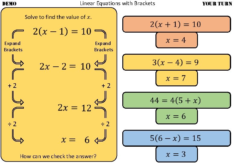 Linear Equations with Brackets DEMO YOUR TURN Expand Brackets + 2 ÷ 2 How