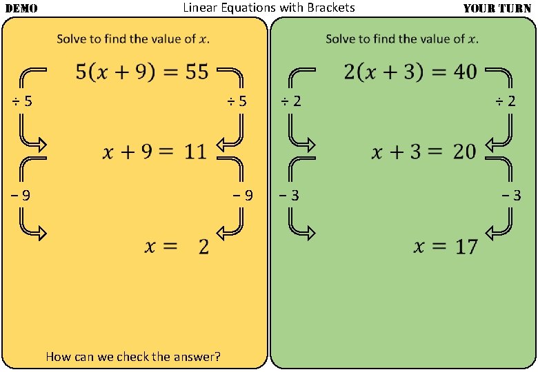 Linear Equations with Brackets DEMO YOUR TURN ÷ 5 − 9 ÷ 2 How