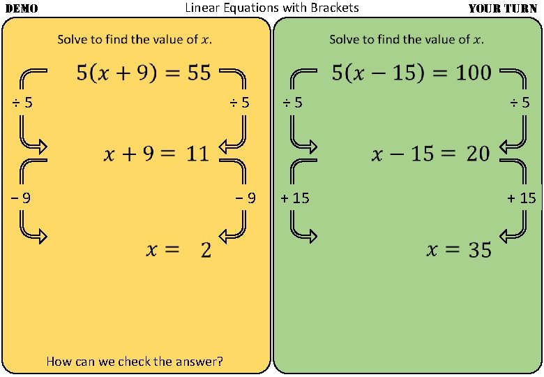 Linear Equations with Brackets DEMO YOUR TURN ÷ 5 − 9 ÷ 5 How