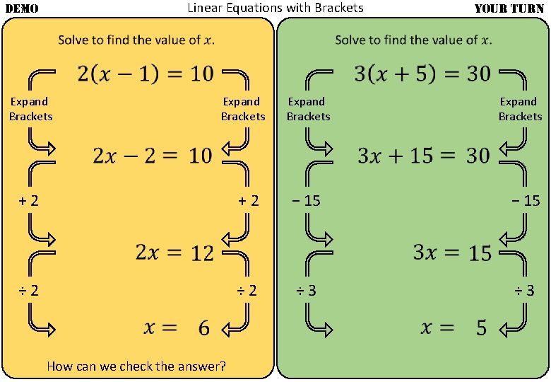 Linear Equations with Brackets DEMO YOUR TURN Expand Brackets + 2 How can we