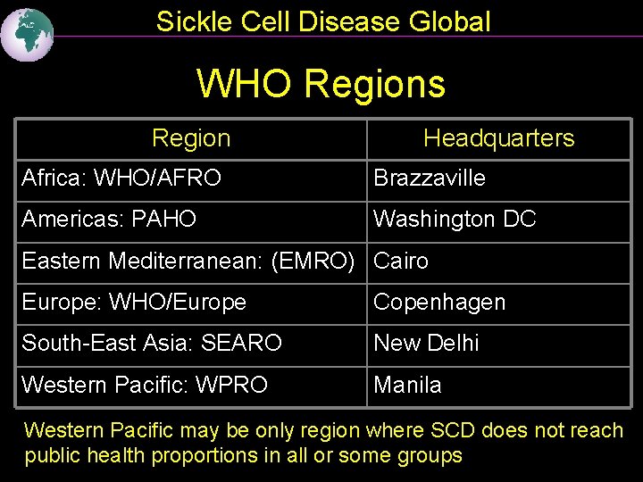 Sickle Cell Disease Global WHO Regions Region Headquarters Africa: WHO/AFRO Brazzaville Americas: PAHO Washington