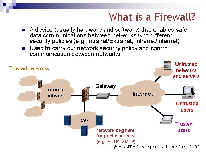 What is a Firewall? n n A device (usually hardware and software) that enables