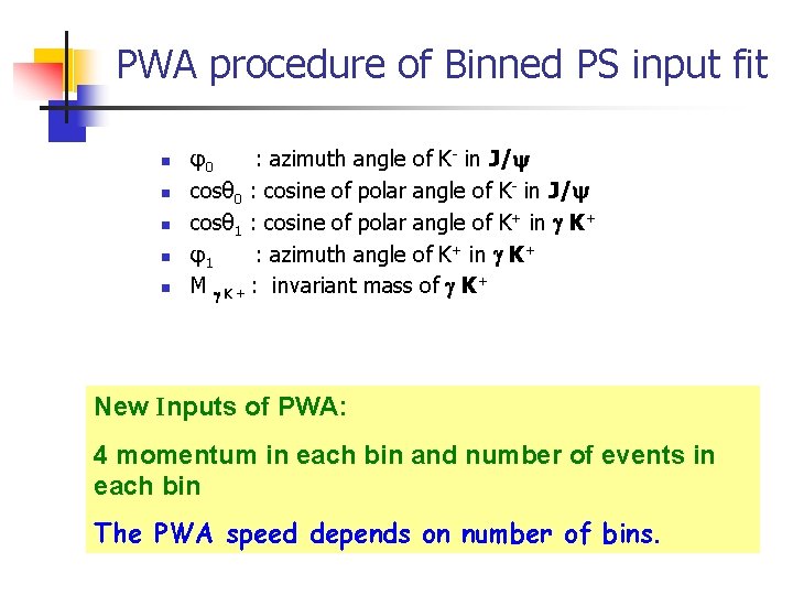 PWA procedure of Binned PS input fit n n n φ0 : azimuth angle