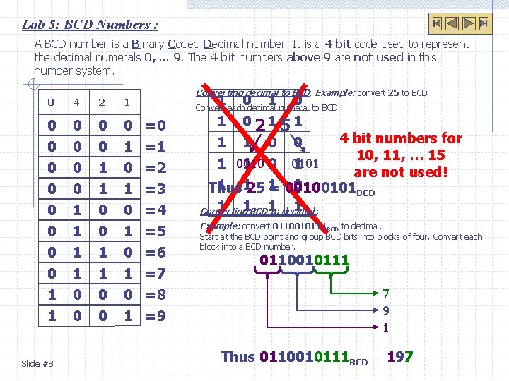 Lab 5: BCD Numbers : A BCD number is a Binary Coded Decimal number.