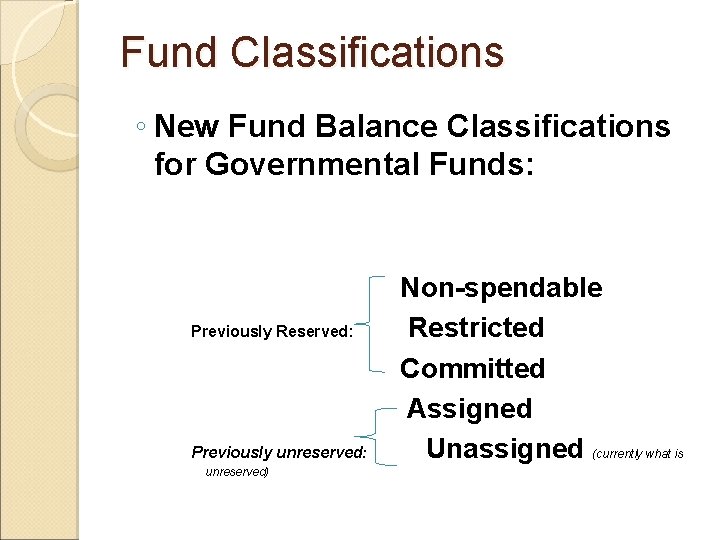 Fund Classifications ◦ New Fund Balance Classifications for Governmental Funds: Previously Reserved: Previously unreserved: