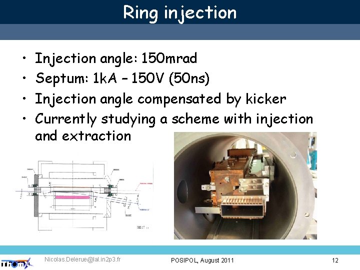 Ring injection • • Injection angle: 150 mrad Septum: 1 k. A – 150