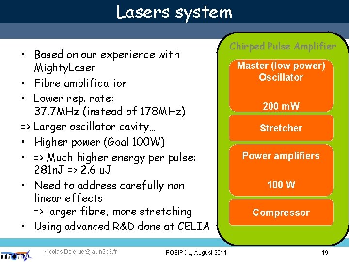 Lasers system • Based on our experience with Mighty. Laser • Fibre amplification •