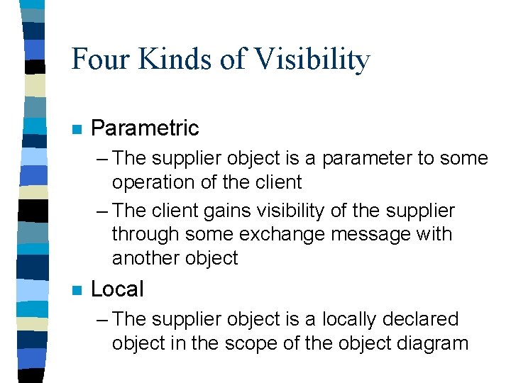 Four Kinds of Visibility n Parametric – The supplier object is a parameter to