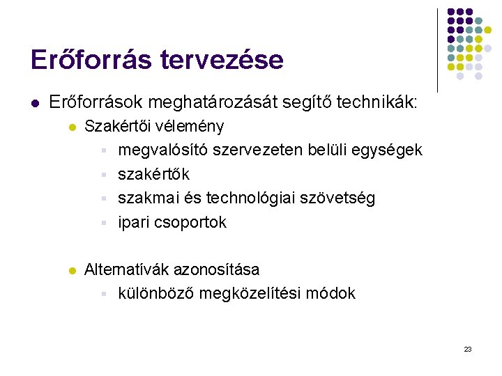 Erőforrás tervezése l Erőforrások meghatározását segítő technikák: l Szakértői vélemény § megvalósító szervezeten belüli