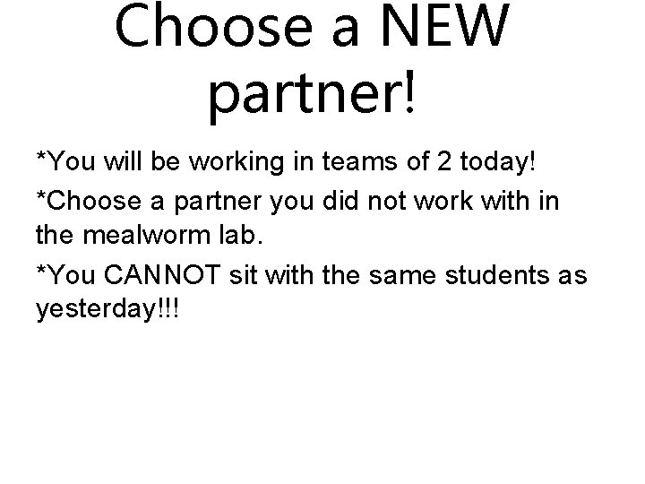 Choose a NEW partner! *You will be working in teams of 2 today! *Choose