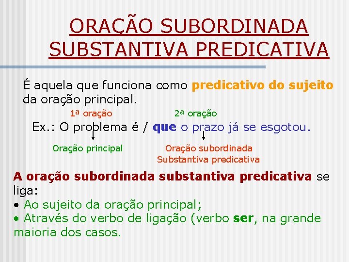 ORAÇÃO SUBORDINADA SUBSTANTIVA PREDICATIVA É aquela que funciona como predicativo do sujeito da oração ORAÇÃO SUBORDINADA SUBSTANTIVA PREDICATIVA É aquela que funciona como predicativo do sujeito da oração